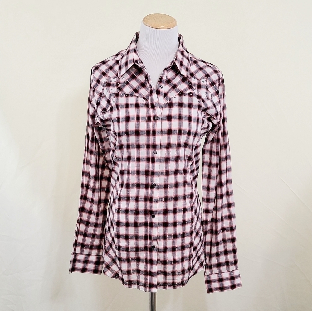 Wrangler studded plaid western shirt snap button Red Silver Women's Size Small